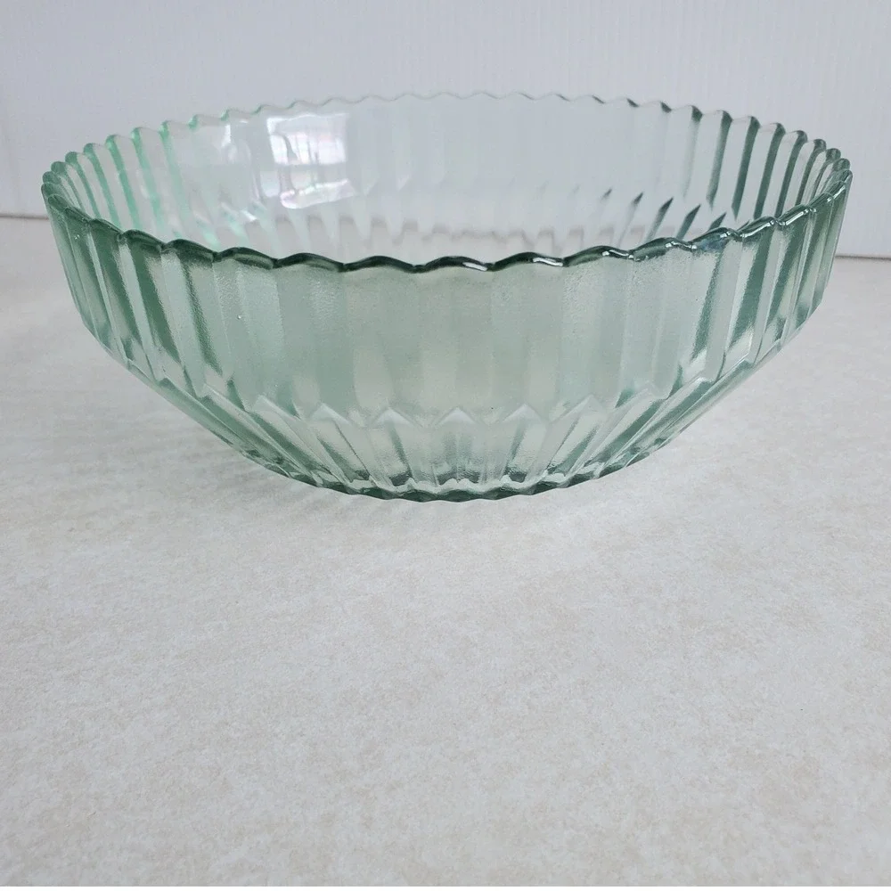 Cottagecore Glass Serving Bowl Light Green Ribbed Scalloped Edge Vintage Style